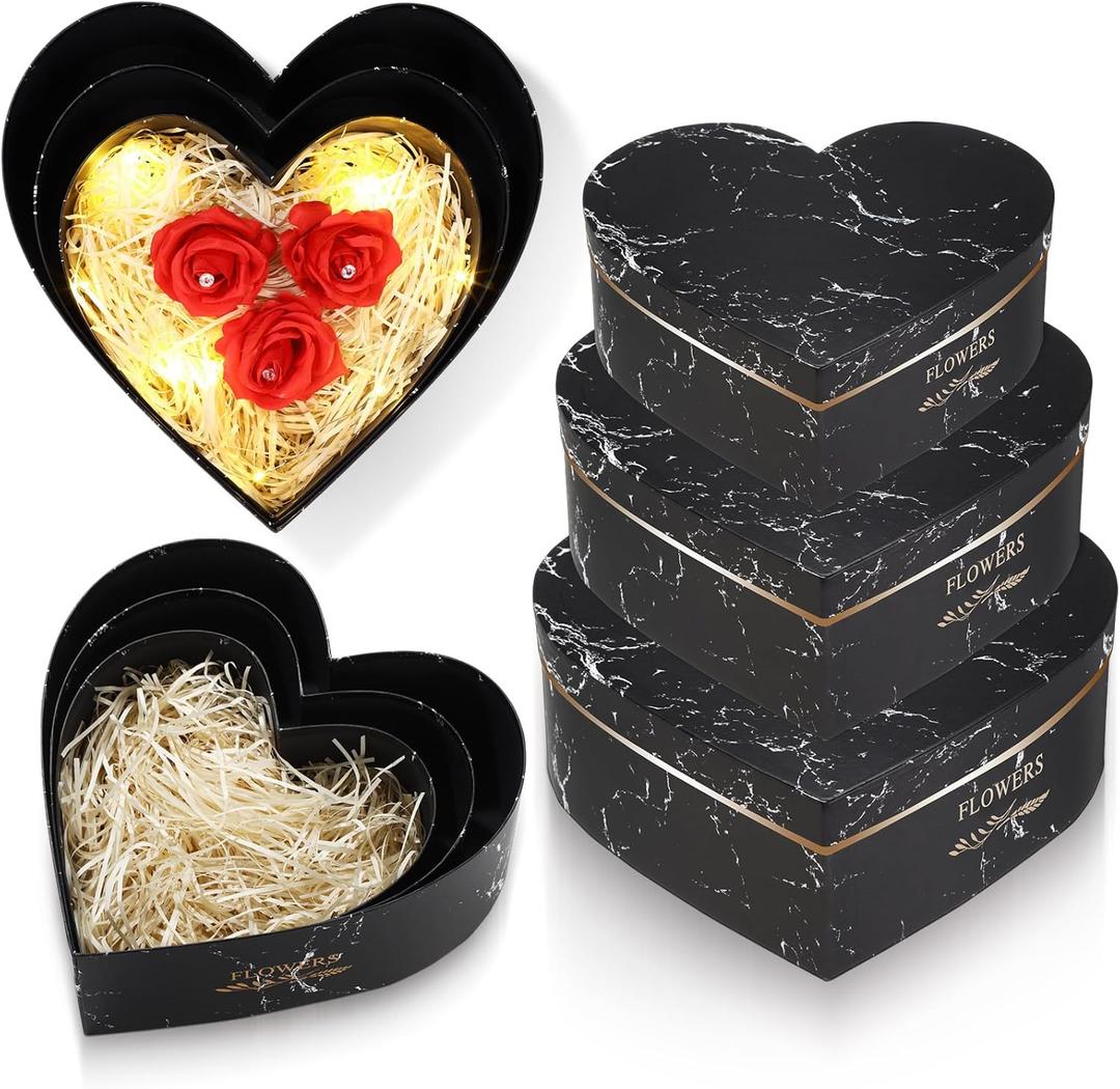 Glenmal 3 Pcs Father's Day Heart Shaped Gift Boxes with Lids 100g Shredded Paper Fill Nesting Heart Flower Boxes for Wedding Birthday Baby Showers Present Packaging(Black Marble)