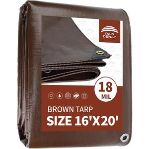 RAINDEWAY 16x20 Feet Super Heavy Duty Tarp 18 Mil,Large Tarps,UV Resistant, Weatherproof, Multipurpose Waterproof Poly Tarp Cover with Grommets and Reinforced Edges,Brown Tarps