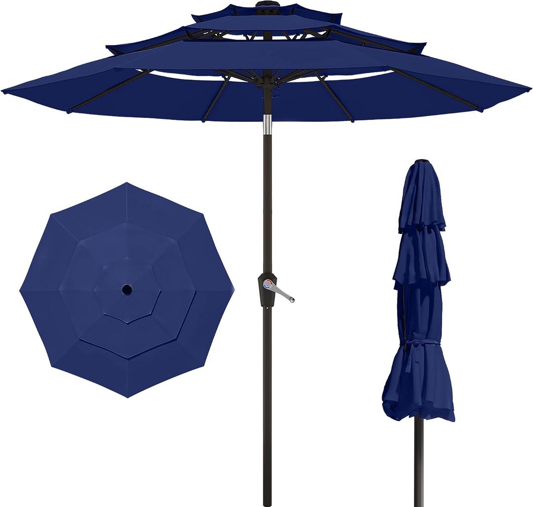 10FT Patio Umbrella 3 Tiers Outdoor Market Umbrella w/Push Button Tilt, Crank, UV and Waterproof Table Umbrella for Garden, Pool, Backyard, Deck, Lawn, Navy Blue