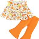 Toddler Baby Girl Clothes Fall/Winter Girls Outfits Ruffle Long Sleeve Tops Floral Flared Pants Girls' Clothing Sets (2-3T, Thanksgiving Day Yellow)