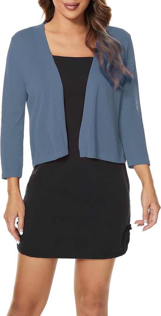 Satuun Women's 3/4 Sleeve Bolero Shrugs Lightweight Open Front Cropped Cardigan Sweaters, Large, Summer-airy Blue