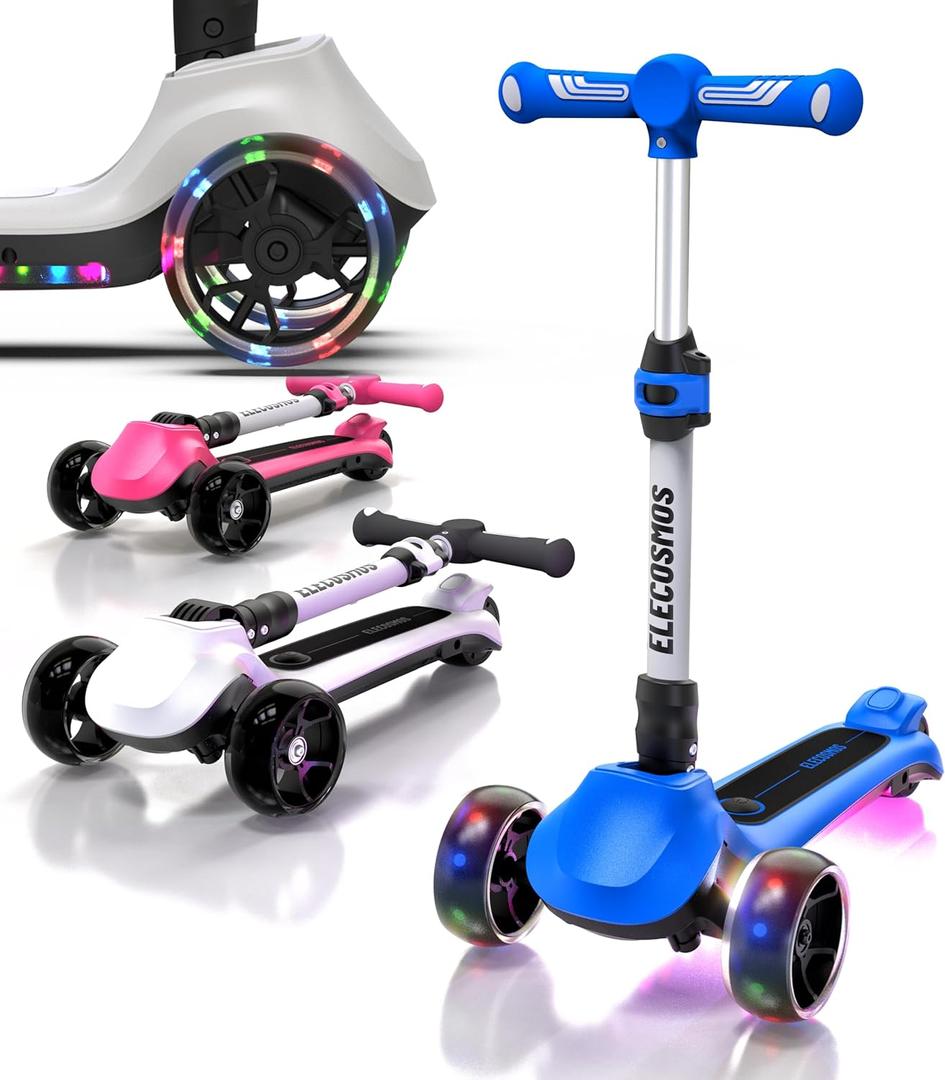 Kids Electric Scooter for Age 4-9, Light Up 3-Wheeled Scooter with Big LED Wheels, Wide Flashing Deck, Adjustable Height (Cute Pink)