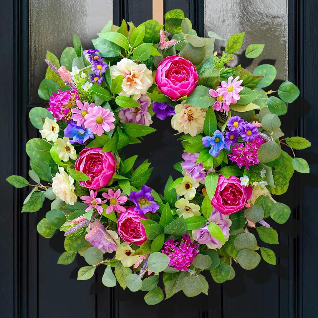 Spring Wreaths for Front Door Outside 24 Inch Spring Door Wreath with Pink Peony,Rose and Blue Hydrangeas, Handmade Silk Summer Wreaths for Front Door Home Wall Window Proch Seasonal Decor