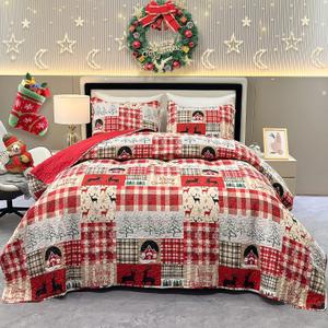 Oversized California King Size Christmas Quilt Set 118x106 Patchwork Red Xmas Tree Snowflake Reindeer Lodge Cabin Reversible Quilted Bedspread Coverlet 3-Piece Rustic Christmas Comforter Bedding Set