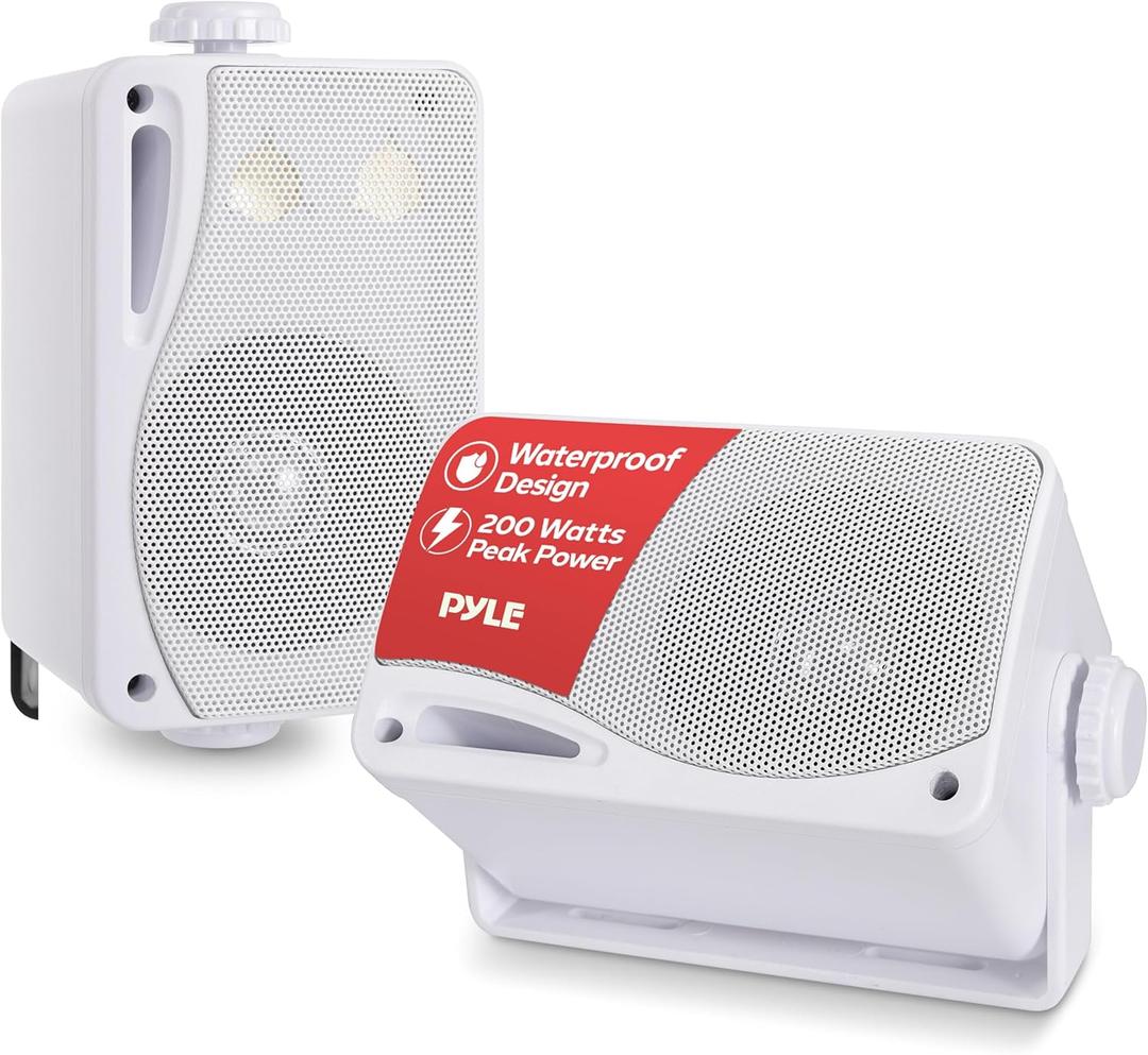 3-Way Weatherproof Outdoor Speaker Set - 3.5 Inch 200W Pair of Marine Grade Mount Speakers - in a Heavy Duty ABS Enclosure Grill - Home, Boat, Poolside, Patio, Indoor Outdoor Use - Pyle PLMR24 (White)