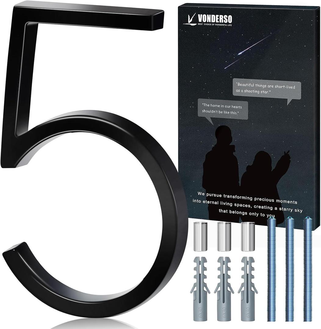 VONDERSO 6 Inch Floating House Numbers for Outside,Modern Black Metal Address Number 5,Durable Weather-Resistant Powder Coated Finish,No Fading(Glossy Black)