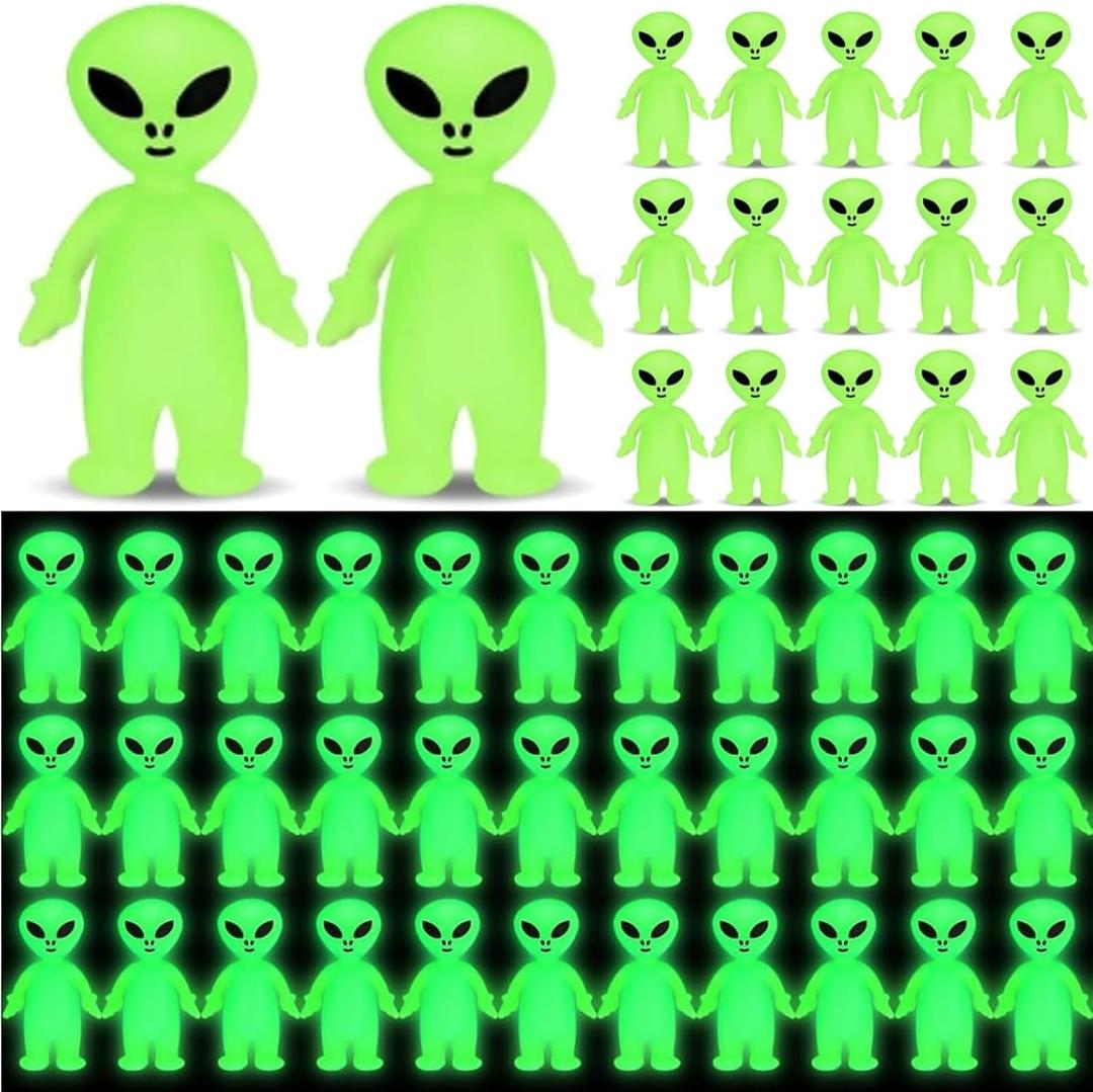 CroBlissful Mini Alien Figures Glow in The Dark Small Little Tiny Aliens Figurine to Hide and Seek for Space Party Favor Prank Rubber Toys Bulk Gifts Goodie Bag Fillers Cake Topper (Marvelous,60 Pcs)