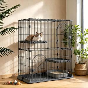 Cat Cage for Indoor Cats, DlY Catio & Cat Playpen with Escape-Proof Spacing, Sturdy Metal Cat Crate Kennel for Kittens, Ferrets & Small Animals (Grey, 2-Tier 43")