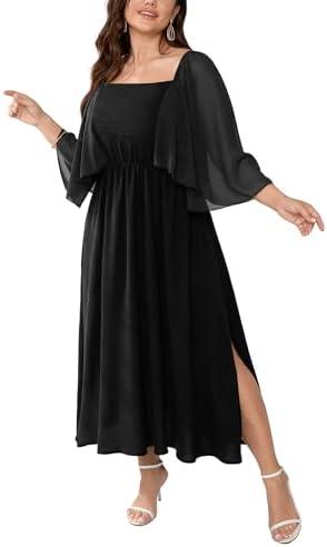 Womens Plus Size Cocktail Party Dress Square Neck Flutter Sleeve Split Elegant Formal Flowy A Line Maxi Dresses, 2XL