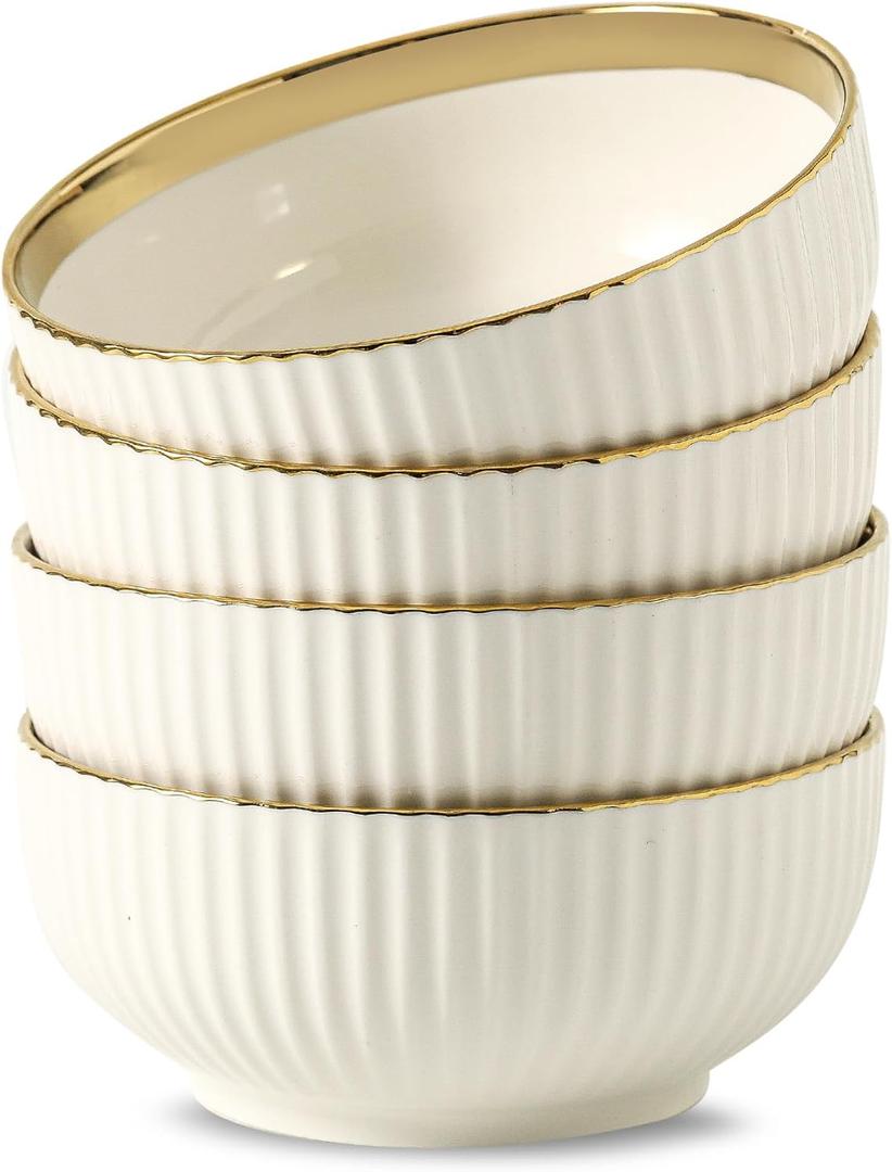 Cereal Bowl Set of 4, Ceramic Cereal Bowls for Kitchen, 6 Inch Deep Soup Bowls Set, White Bowl Set with Gold Trim, Serving Bowls Set for Salad, Pasta, Oatmeal, Fruits, Decorative Bowls(28oz)