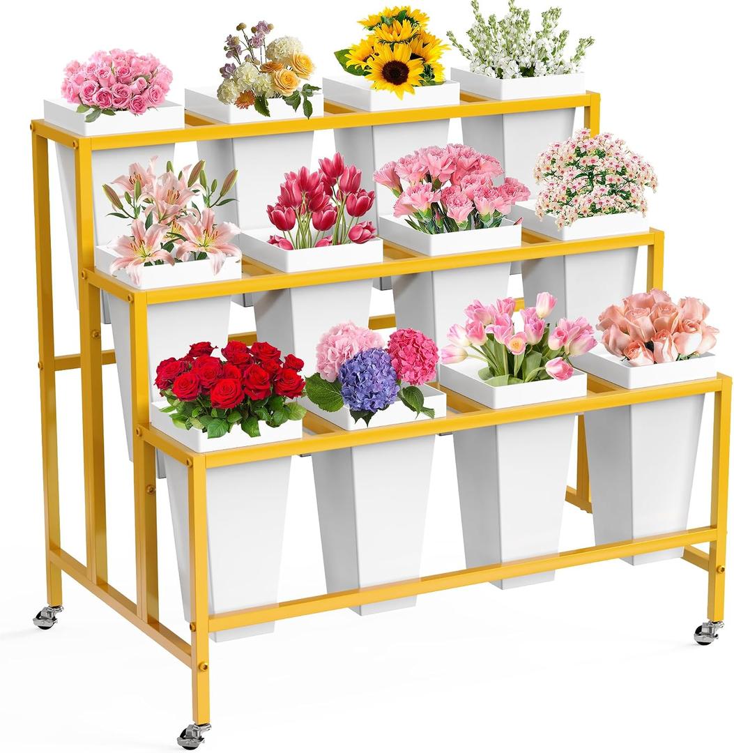 VGMiu Flower Display Stand with 12 Buckets, Flower Cart 3 Layers Gold Metal Flower Bar Stand with Wheels, Moving Florist Bouquet Shelf for Weddings Florist Indoor Outdoor Patio Garden Living Room