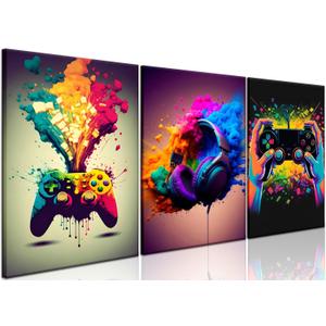 Gaming Room Decor Wall Art Set of 3 - Video Gaming Controller Gamer Wall Decor, Gaming Canvas Poster Room Decor for Boys Room Kids Game Room Bedroom 16x24 in Framed (Colorful Ink Game)