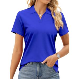 SMENG Women's Polo Shirts Cotton Pique Short Sleeve Summer Tops Collared V-Neck Work,Casual,Golf Shirt (Blue, XL)