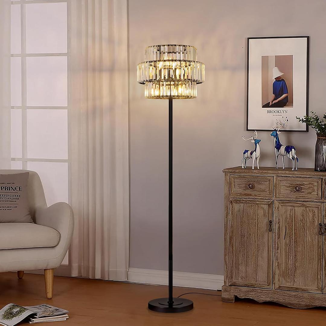 Wellmet Black Floor Lamp for Living Room, 6 Lights Modern Crystal Standing Lamp, Tall Elegant Floor Lamp with Foot Switch for Office, Reading Room, Bedroom, Dining Room(E12 Base)