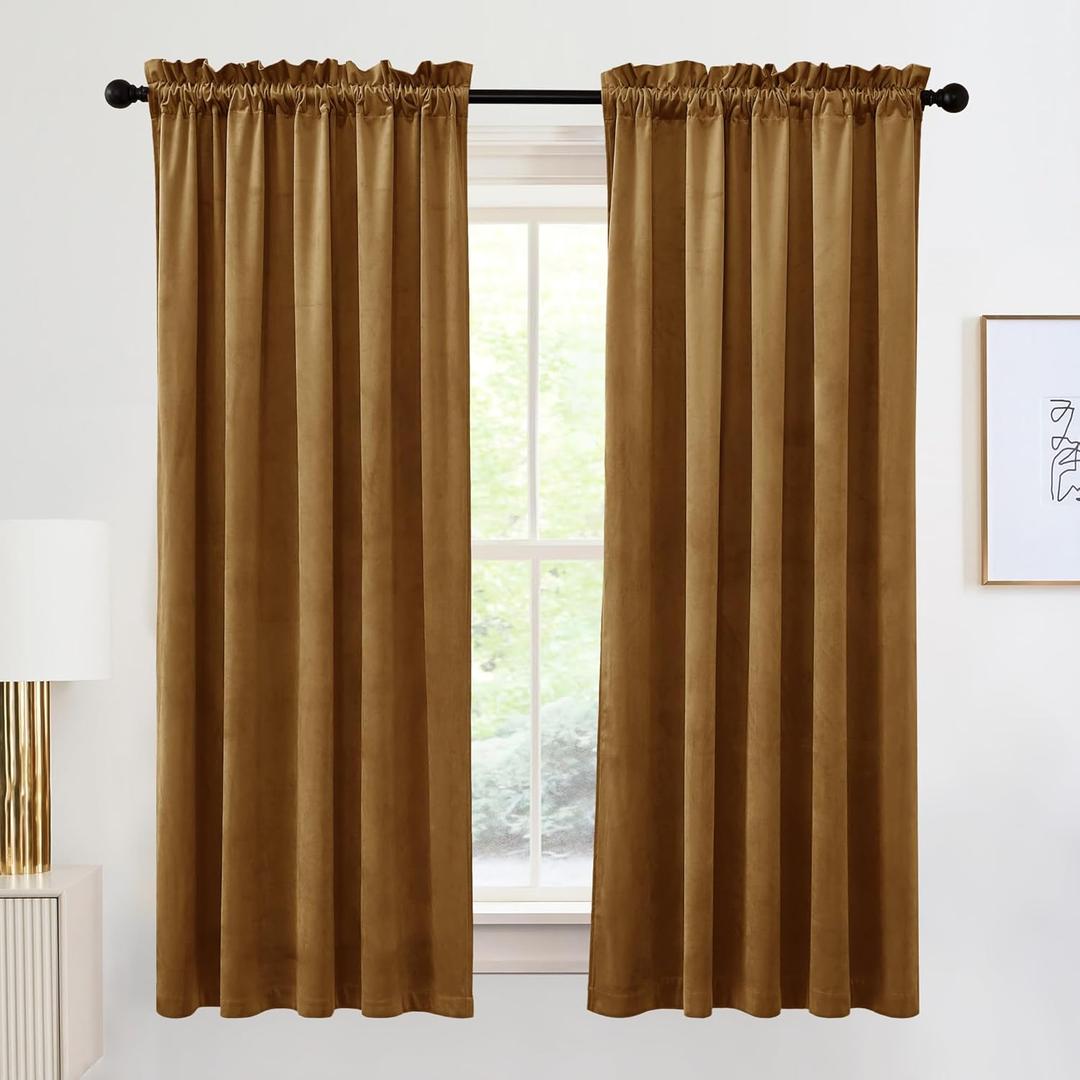 RYB HOME Super Luxury Velvet Curtains with Rod Pocket Design, Privacy Thermal Insulated Window Drapes Room Darkening Shades for Dorm Basement Bedroom, Golden Brown, W52 x L72 inch, 2 Panels Set