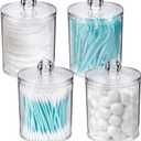 WEISHI 4 Pack Qtip Holder Dispenser - Cotton Ball, Swab, Round Pads, Floss , Small Clear Plastic Apothecary Jar Containers with Lids for Bathroom Storage and Organization, Vanity Organizer