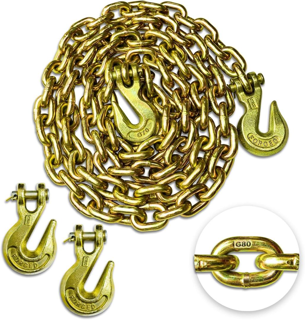 3/8'' Chain G80 Trailer Tow Chain 10ft, 7,100 lb WLL, 4 Clevis Grab Hooks, Yellow Zinc Chromate, Logging Chain for Towing & Trailer Tie-Down