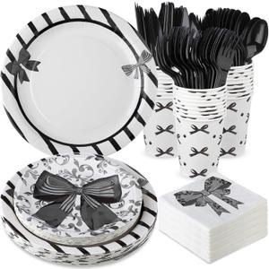 Yungyan 194 Pcs Black Bow Party Supplies Includes Black Bow Plates Napkins Forks Cups Black and White Party Decorations Black Bow Disposable Tableware Set for Bachelorette Bridal Engagement, Serve 24