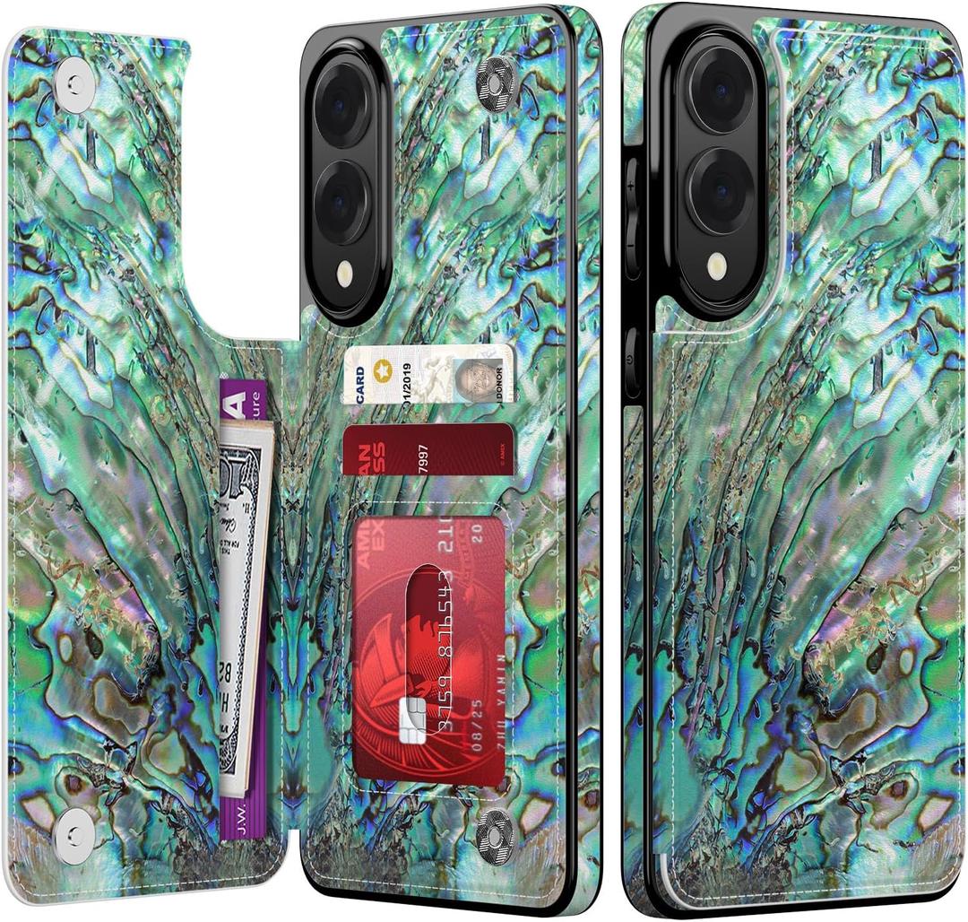 LETO for Samsung Galaxy S25 Edge Wallet Case - Flip Folio Leather Kickstand - Fashionable Flower Designs - Credit Card Holder - Protective Phone Cover for Women and Girls - 6.7" - Green Oyster Shell
