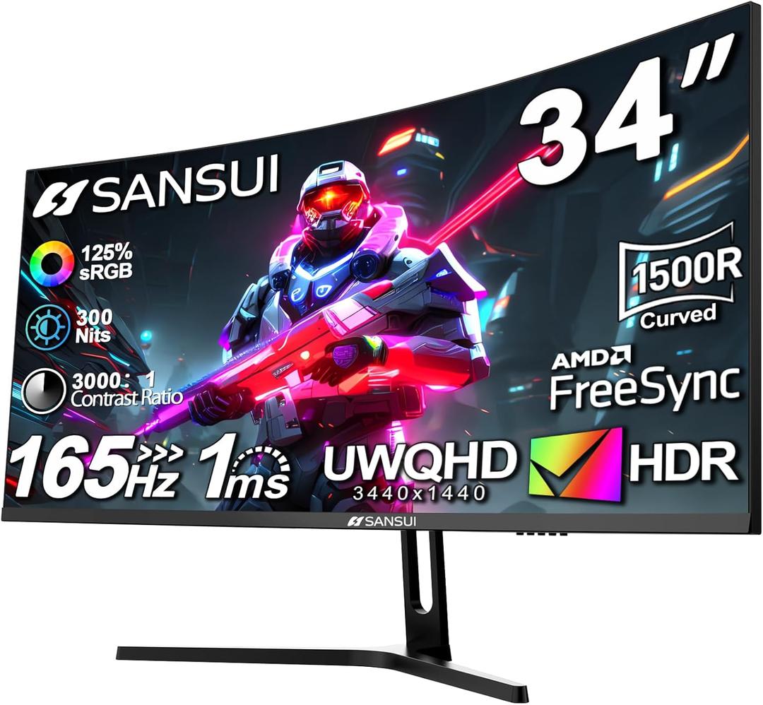 SANSUI 34-Inch Curved Gaming Monitor UWQHD 3440 x 1440 165Hz Curved 1500R - PIP/PBP, 1ms(MPRT), HDR, 300nits, sRGB 125%, DCI-P3 95%,FreeSync,HDMI x2,DP1.4 x2 (ES-G34C5 DP Cable Included) (34in UWQHD Curved)