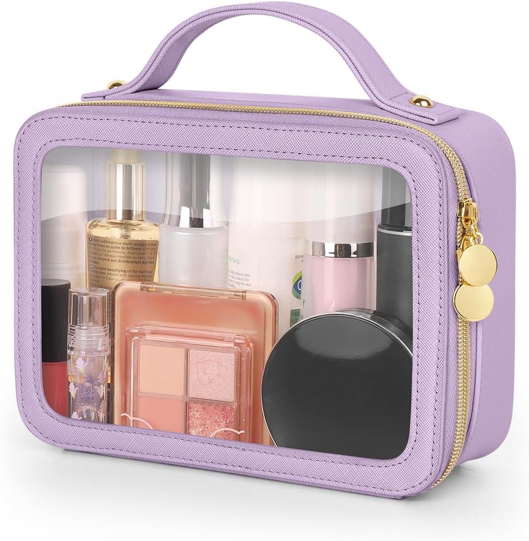 Soimeat Clear Makeup Bag, Portable Travel Cosmetic Bags, Multipurpose Leather Toiletry Bag with Zipper, Waterproof Transparent Cosmetic Organizer for Women, Medium, Purple