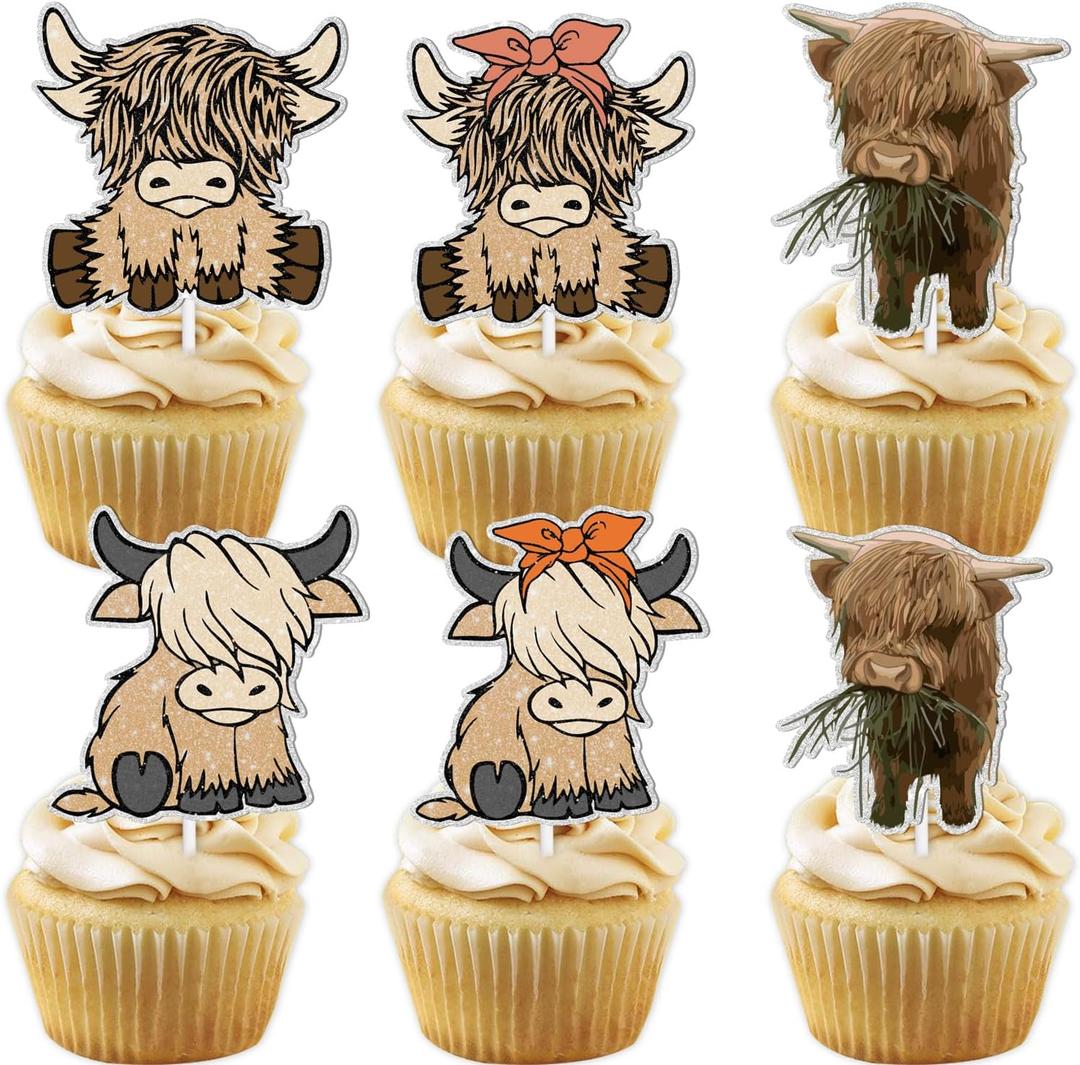 10 x 18pcs Brown Glitter Cow Dessert Cupcake Topper Cheer to Country Western Bull Riding Bull Rider Competition Theme Decor Supplies Baby Shower Boys Girls Birthday Party Decorations