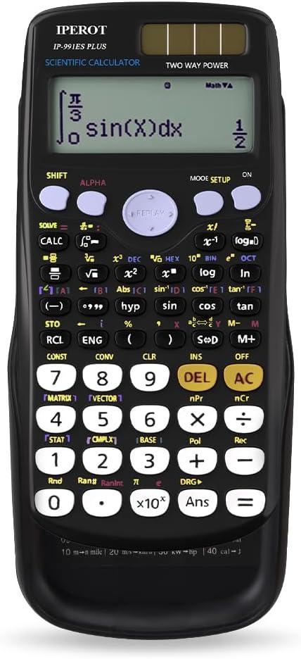 Scientific Calculators, IPEROT Black Math Calculator with 417 Function, Solar Battery Power and 4-Line Display, School Supplies for Middle High College Students Teachers (Black 991ES)