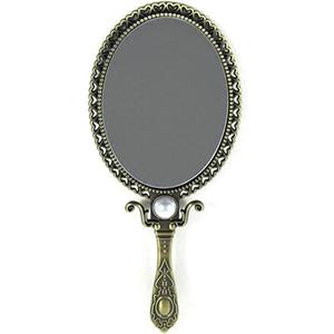 SEHAMANO Vintage Double Sided Handheld Makeup Metal Mirror/Decorated with Pearl/Folding Handle/Portable and Durable Hand Mirror (Matt Gold (Brass))