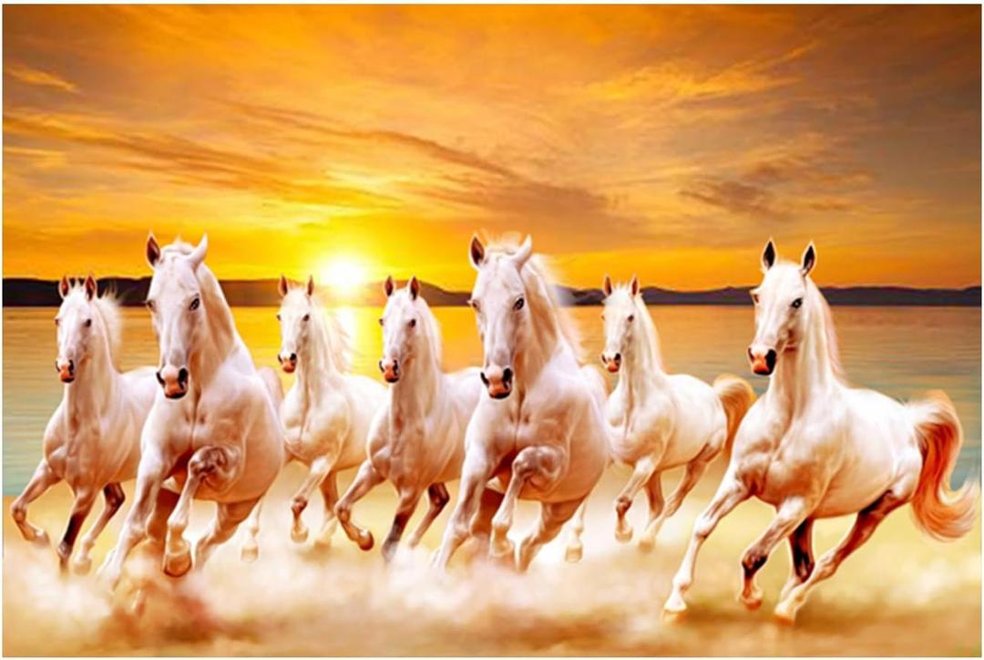 Dharvika Innovations Seven Running Horses Vastu Vinyl Wall Poster, Self Adhesive, Sparkle Lamination, 24 x 36 Inch