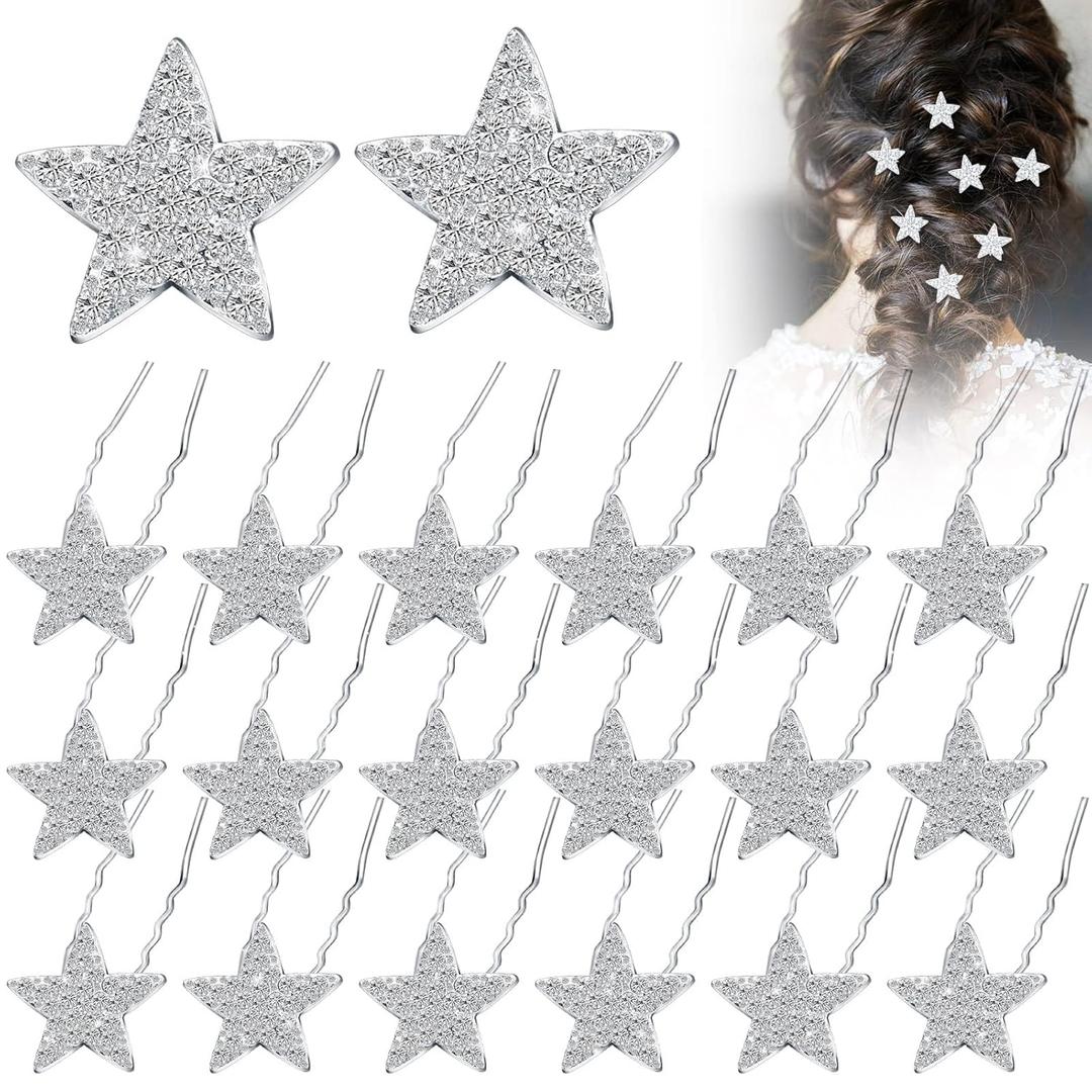 MTLEE 20 Pieces Star Rhinestone Hair Pins Bling Crystal Wedding Hair Clips for Brides Glitter Star for Girl Women Accessories(Silver)