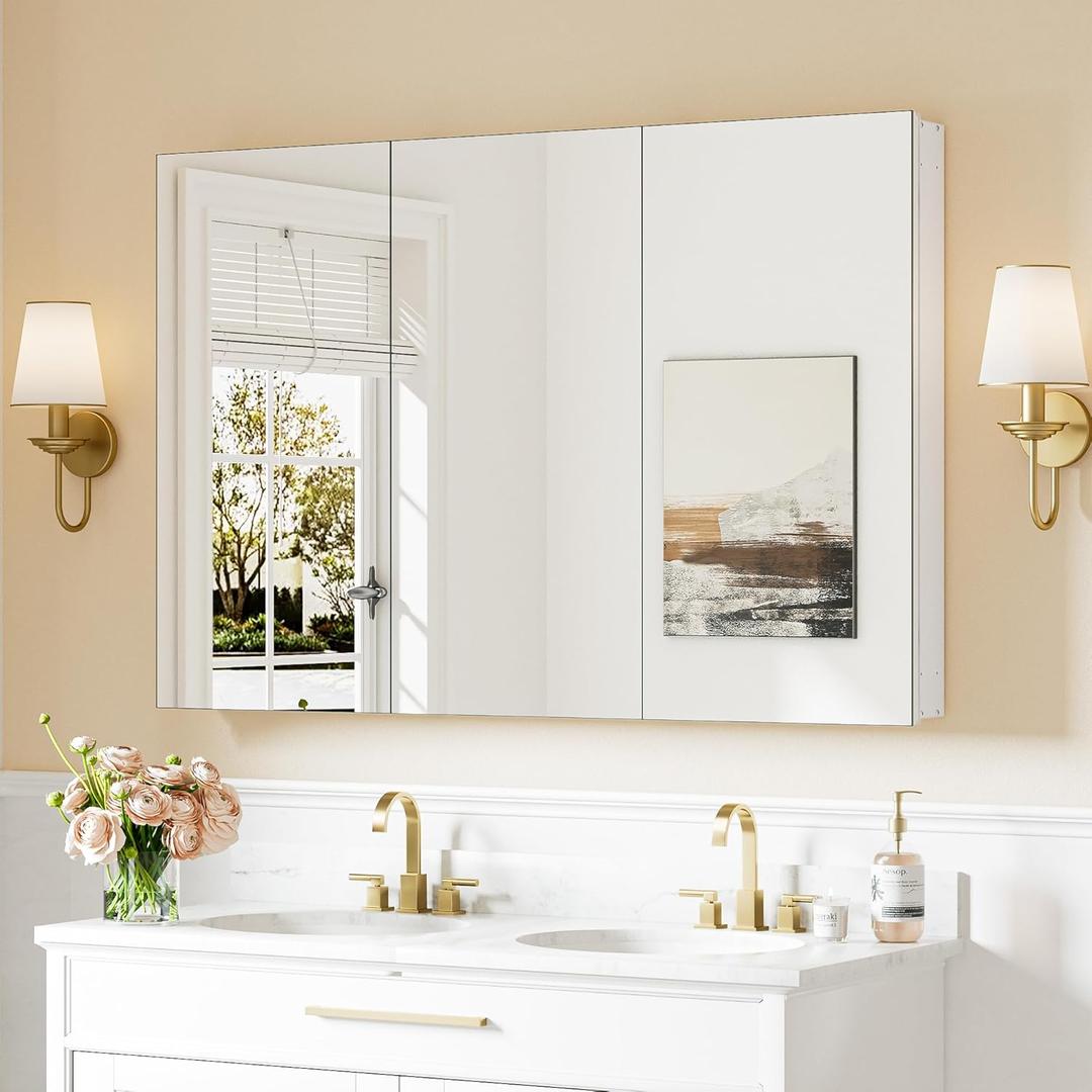 Keonjinn 48 x 32 Inch Large Medicine Cabinet Mirror, Assembly Required, White Bathroom Medicine Cabinets, Aluminum Framework, Adjustable Shelves, Tempered Glass, Soft Closing, Recessed or Wall Mount