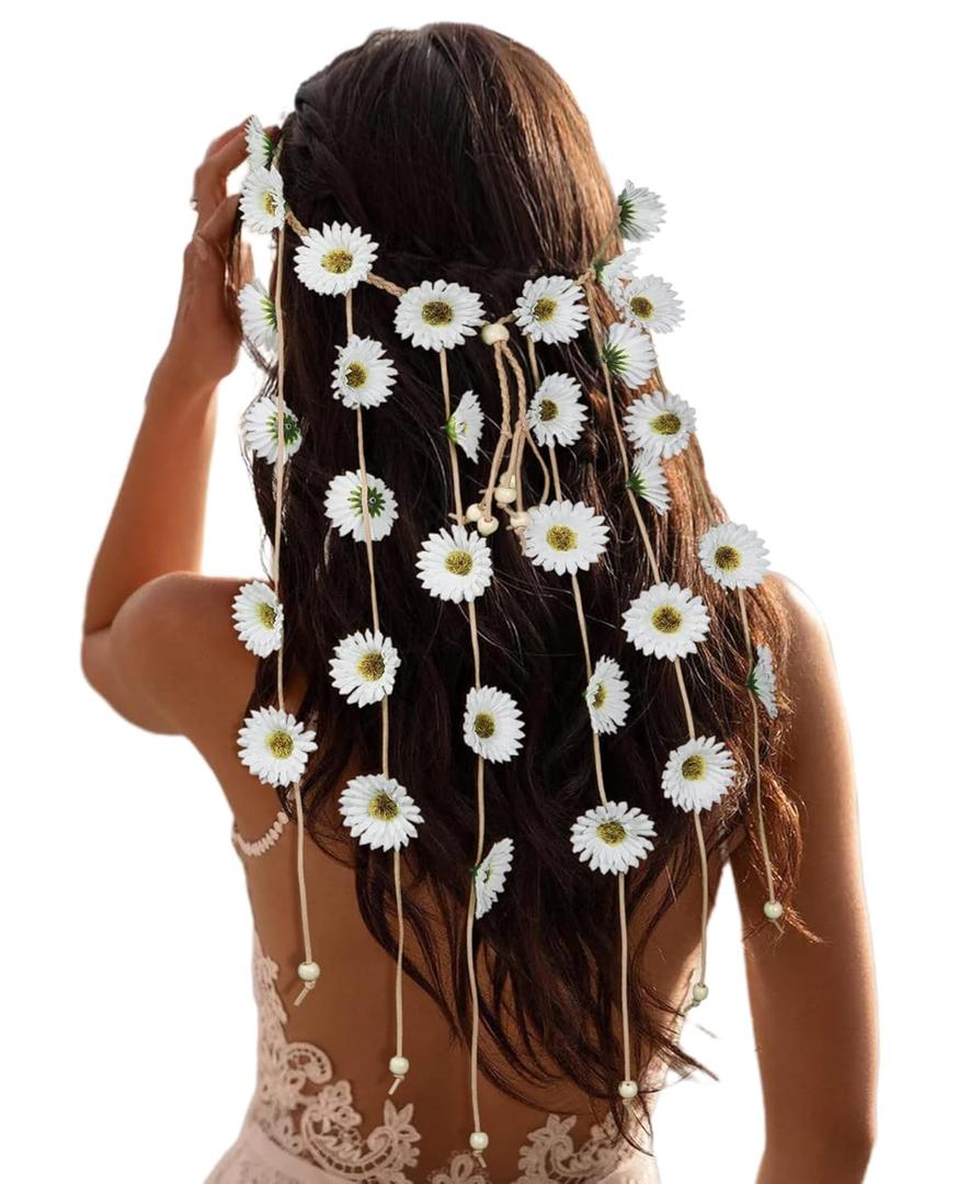 CHLINS Hippie Headband Flower Crown Bohemian Sunflower Headband Flower Headpiece Hippie Costume 60s 70s Outfits for Women (White)