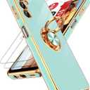 LeYi for Samsung Galaxy A14 5G Case with [2 Pack] Tempered Glass Screen Protector 360 Rotatable Ring Holder Magnetic Kickstand, Plating Rose Gold Edge Protective Case, Mint