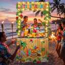Haull 95PCS Tiki Bar Hut Kit LED Luau Hawaiian Party Decorations with Portable Table Tiki Bar Banner Table Skirts Tropical Garlands Flowers Straws and LED Lights for Summer Pool Beach Parties(Bamboo)