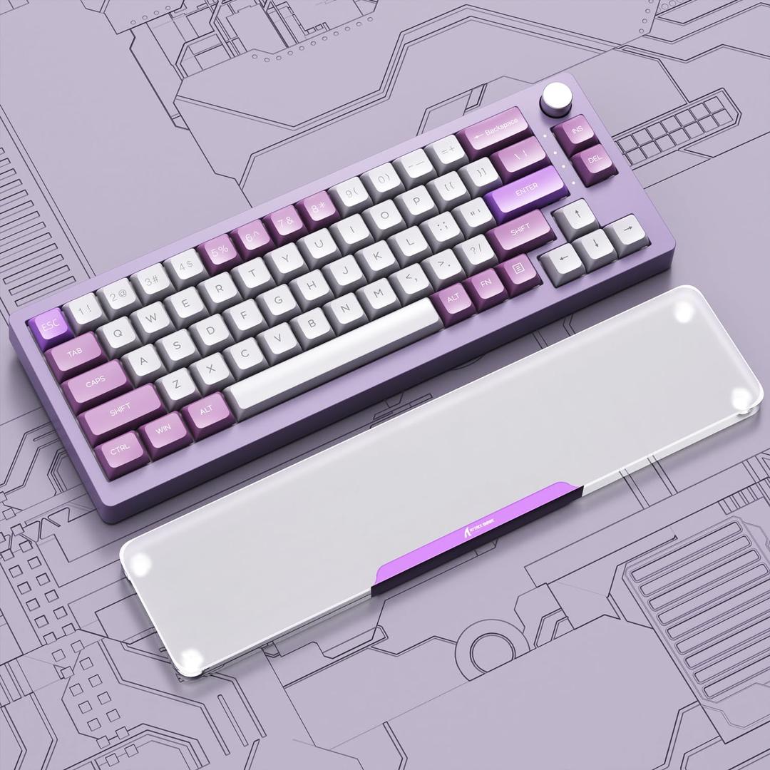 Acrylic Gaming Keyboard Wrist Rest, Clear Ergonomic Palm Rest with Anti-Slip Base, Customized Metal CNC Aluminum Alloy Logo for Computer Keyboard, Office, PC Gaming, Laptop, Mac, Easy Typing-Purple