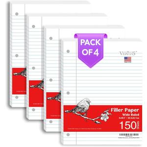 WritePads Wide Ruled Loose Leaf Paper 600 Sheets, 4 Pack Bulk Notebook Paper, 8"x10.5" 3 Hole Punched Binder Fitter Paper, Fits Standard 3-Ring Binders, Ink Bleed Resistant, Made in USA