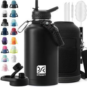 Insulated Water Bottle | Thickened Stainless Steel Vacuum Metal | Portable Sports Half Gallon Large Water Jug for Gym and Hiking with Straw, Carrier Bag, Handle Strap | BPA-Free 64 oz,  Advance Black 