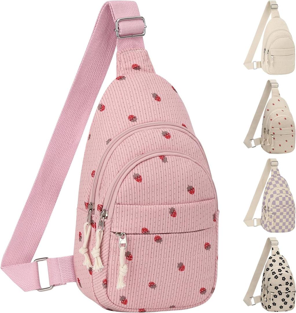 ELONGRIVER Corduroy Small Crossbody Bags for Women Teen Girls Trendy, Cute Sling Bag for Girls Travel Hiking, Pink Strawberry