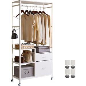Aibiju Clothes Rack for Hanging Clothes, 2 Drawers, Heavy Duty Garment Racks with Shelves, Clothes Rack with Hanging Hooks, White YD-TM080W