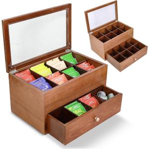 Wooden Tea Bag Organizer with Drawer Tea Storage Box with 16 Compartments, Tea Caddy and Teabag Holder for Countertop or Kitchen Tea Station Display Rustic Wood Tea Organizer