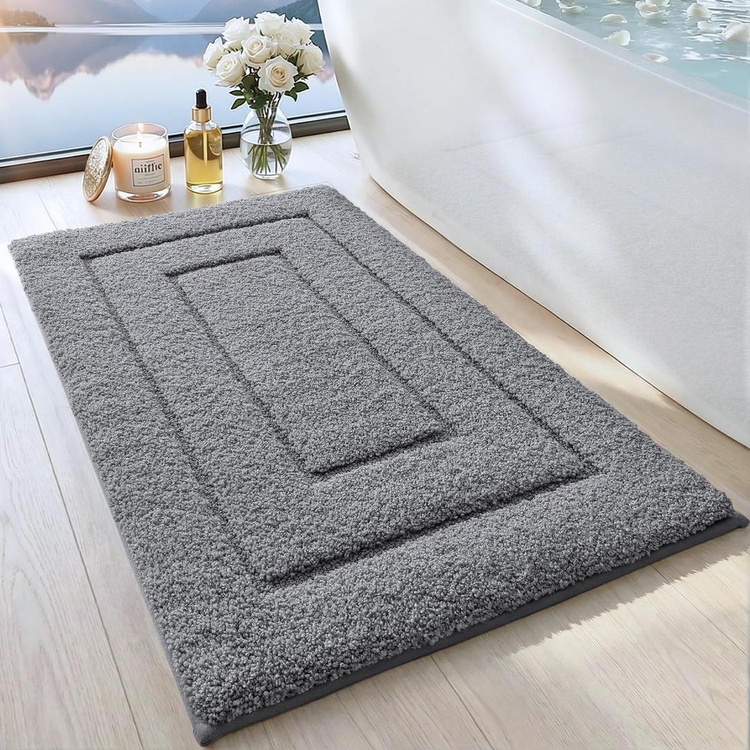 DEXI Bathroom Rug 24x16, Non Slip Washable Bath Mat for Shower Floor, Absorbent Soft Bathmat with Rubber Backing, Quick Dry Microfiber Carpet, Grey