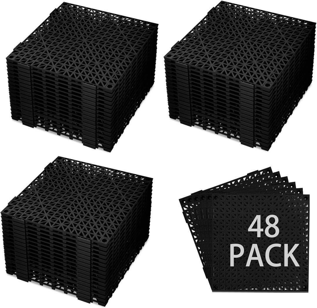 48 PCS Modular Interlocking Cushion Interlocking Floor Tiles with Hole Drainage Tiles Mat Non Slip Pool Deck Mat Outdoor for Drain Deck Pool Patio Shower Kitchen Balcony (Black, 12 x 12 Inch)