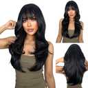 SUKRI Long Black Wigs for Women Layered Black Wig with Bangs 26 Inch Realistic Heat Resistant Synthetic Hair for Daily Party Use