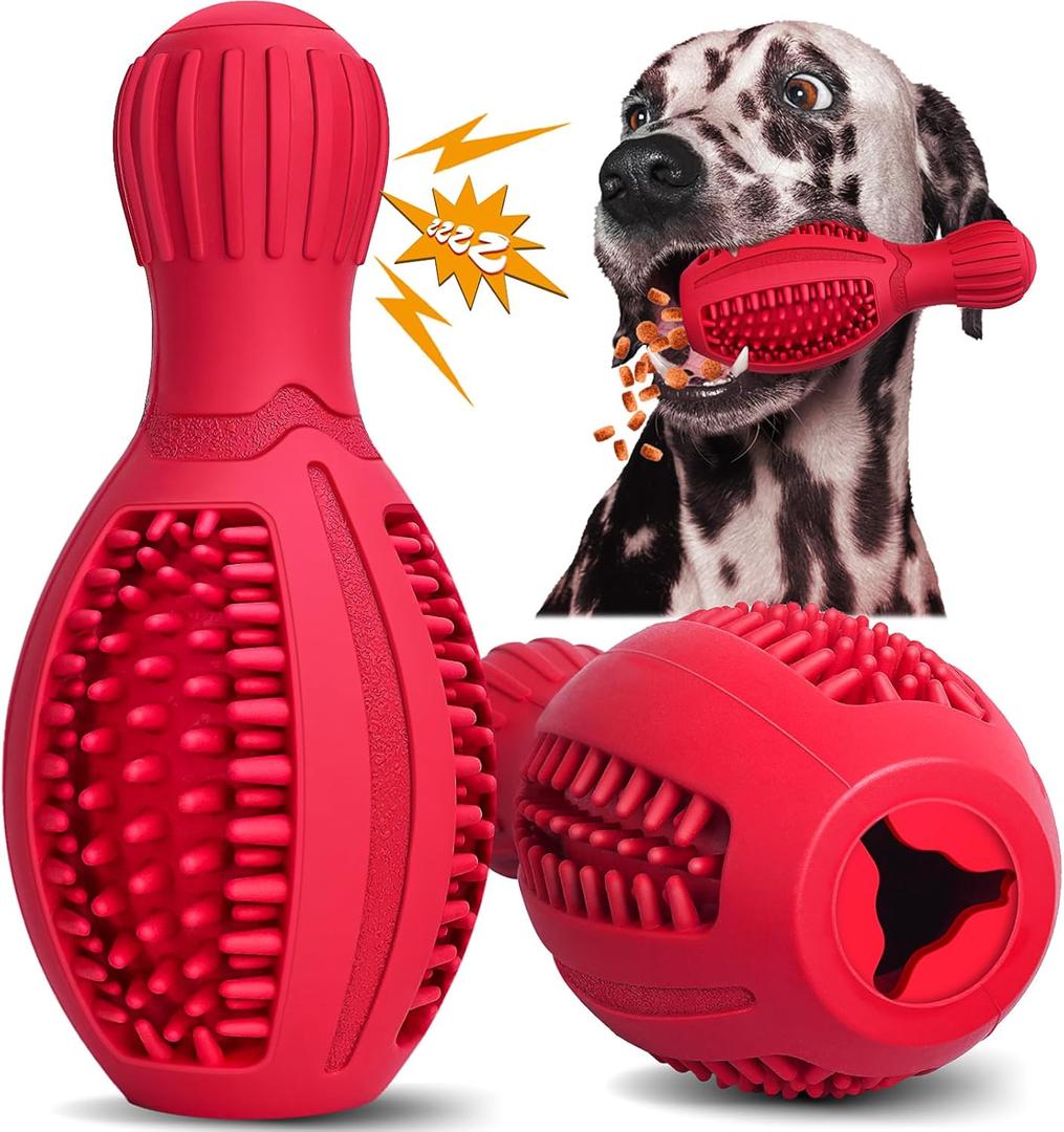 TonyEst Treat Dispensing Puzzle Dog Toy - Interactive Chew Toys for Aggressive Chewers, Durable Rubber with Squeaker & Mental Stimulation for Large Medium Small Dogs Breeds (Red Bowling Pins)