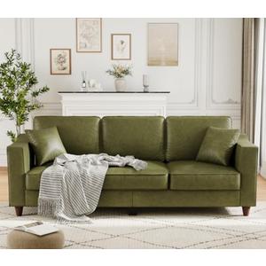 Faux Leather Couch with 2 Throw Pillows, Sofa Couches for Living Room, 3 Seater Sofa with Wide Armrests, Wood Legs, Deep Seats, Back Cushion, Sturdy Support Feet, for Office, Living Room, Olive Green