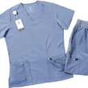 AprilBreeze Lite Medical Scrub Set with 9 Deep Pockets, 4-way Stretch Breathable V Neck Top, Yoga Waistband Jogger Pants (Dove Grey, Medium)