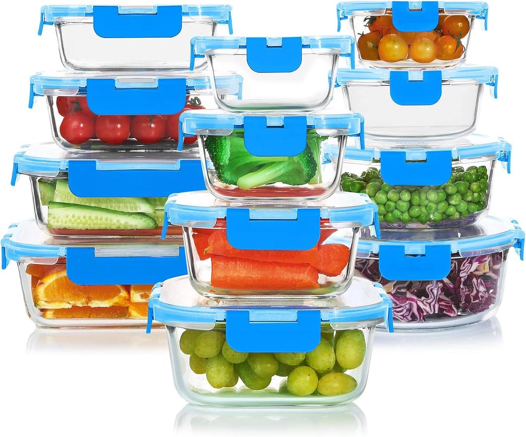 KOMUEE 24 Pieces Glass Food Storage Containers Set,Glass Meal Prep Containers, BPA-Free Airtight Glass Storage Containers with lids,Freezer, Microwave and Oven Safe,Blue