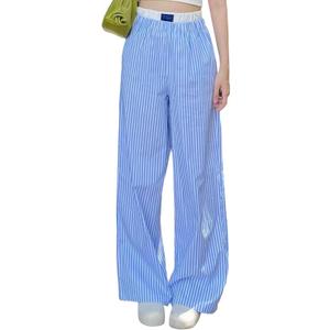 LYSINK Women Y2k Striped Pants Pajama Pants High Waist Drawstring Straight Wide Leg Lounge Pj Pants Pajama Bottoms Sleepwear (Blue, L)