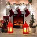 Glooglitter 2 Pack Christmas Lanterns with Warm White LED Lights 11 x 6 Inch Red Christmas Lantern Decor with Holly Berry Pine Hanging Xmas Candle Holder Indoor Outdoor Decorative Table Centerpieces