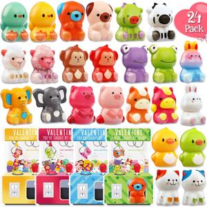 Valentines Day Gifts for Kids - 24 Pack Animal Squishy Toys Valentines Cards for Kids Classroom with Animal Stress Relief Fidget Toys School Classroom Party Favors Exchange Gifts Goodie Bag Stuffers